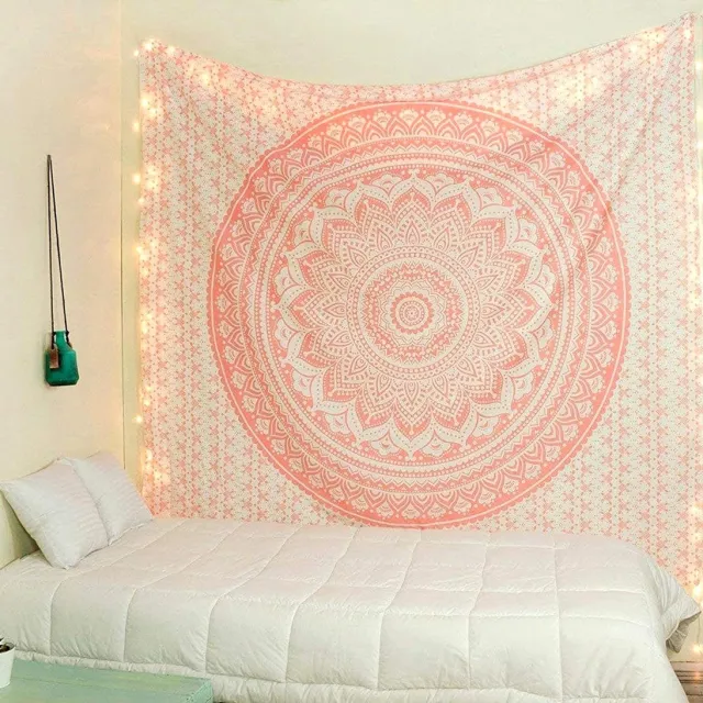 Raajsee Indian Cotton Mandala Throw, Rose Gold Ombre Boho Room Decoration, Hippie Wall Tapestry, 137 x 208 cm Roze