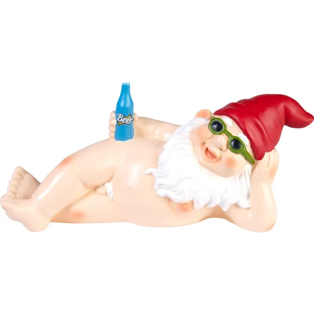 Brubaker Naakte Liggende Tuinkabouter - Nudist Kabouter met Bier en Zonnebril - Grappige Frivole Nudistische Tuinfiguur - Weerbestendige Decoratie voor Tuin Camping en Buiten - 24 cm Ligende man