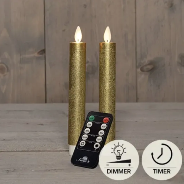 Char Collection LED kaarsen met bewegende vlam 2x - 18cm klein - Goud - Gold - Afstandsbediening - Timer - Dimmer - Dinerkaars rustiek wax - LED kaars batterij