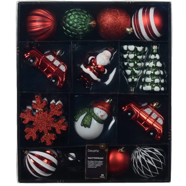 Decoris Mix box kunststof assortie matt shiny glitter mix - 25 stuks (ø8 cm) rood/wit/groen