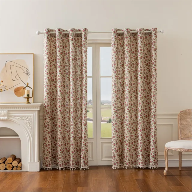 Floraweg Franse vintage rozen gordijnen met franjes – katoen-linnen, halfverduisterend – kant-en-klare gordijnen voor slaapkamers en woonkamers in rustieke stijl, 140x160cm crèmekleurig