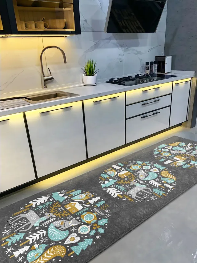 De Groen Home Vloerkleed 65x180cm Keukenloper - Kerstdieren - Wasbaar Antislip - Laagpolig Zacht Tapijt- De Groen Home
