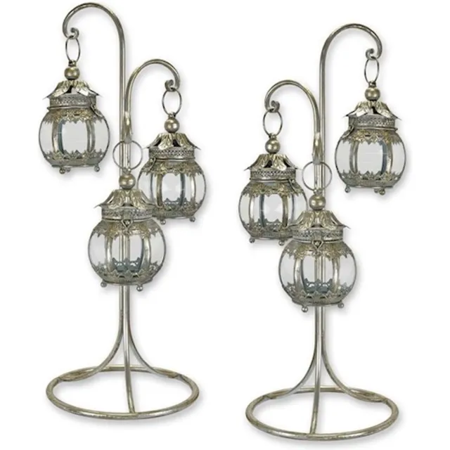 MadDeco Boutique Trukado - Een Paar van 3 Hangende Lantaarns op Voet - Hoogte: ca. 73,8cm - Diameter: ca. 29,2cm - Onweerstaanbaar mooi, betoverend en een echte sfeermaker! metaal met zilveren accenten