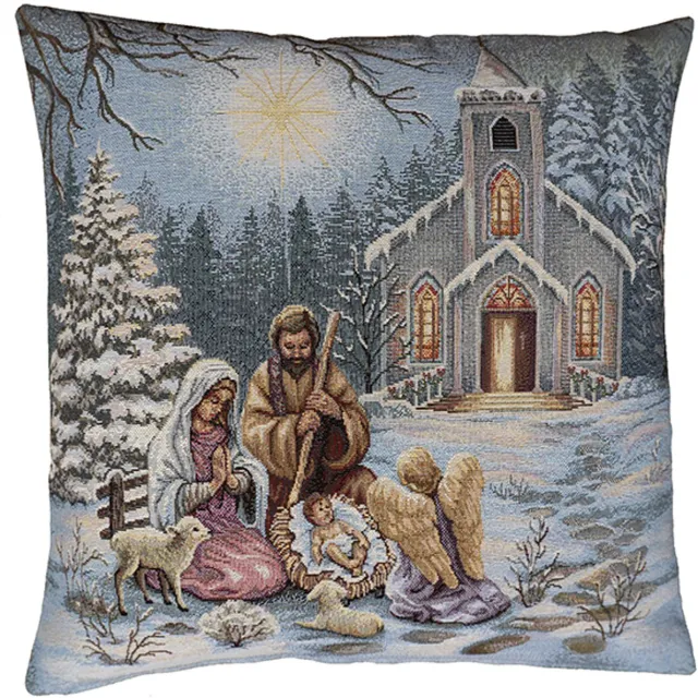Inter Fibpres Kussenhoes - Kerst - Gobelinstof - Jozef - Maria - Jezus in kribbe - 45x45 cm grijs