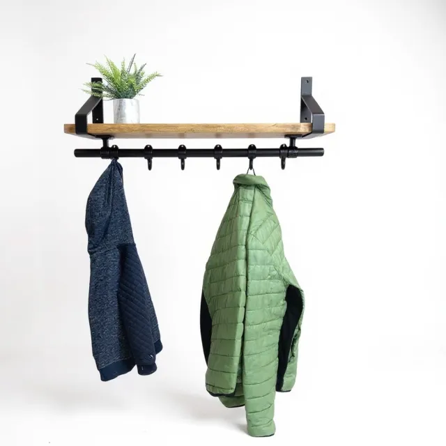 Design85 Wandkapstok met hout Fors 80 cm breed 6 Haken legplank met bruine Wax Zwart