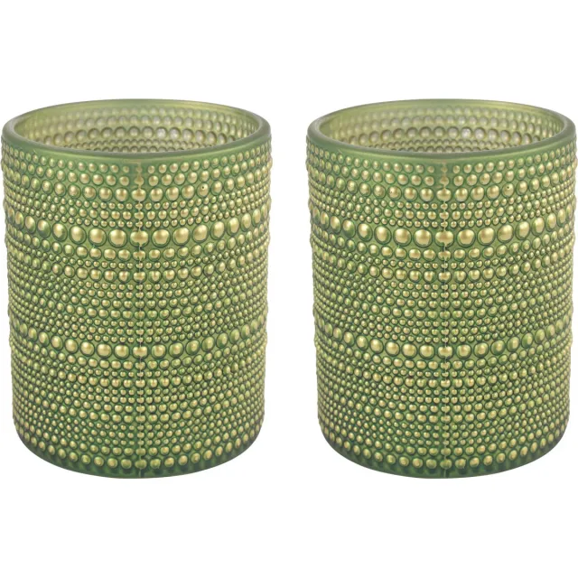 Countryfield Luxe theelichthouder - 2x stuks - Aurora - glas - olijfgroen/goud - D8 x H10 cm Olijf groen