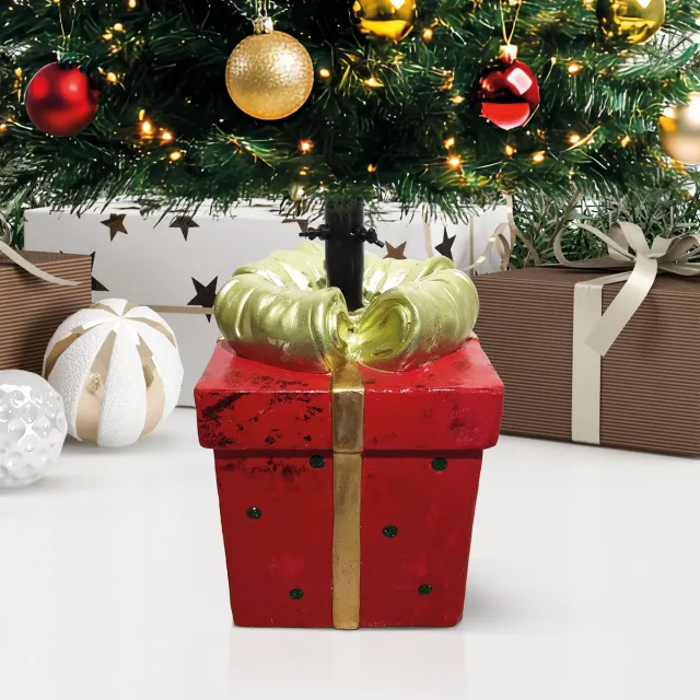 Family Christmas Kerstboomstandaard Cadeaudoos – Decoratieve Kerstboomvoet van Kunststeen – Stevige Boomstandaard met Strik – Rood/Goud 1 Stuks [58591]