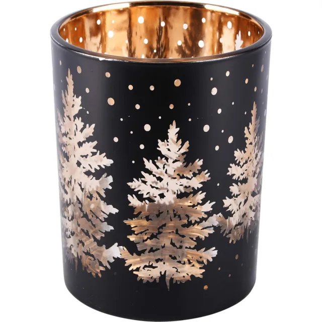dekoratief Windlicht / theelichthouder / waxinelichtjeshouder met kerstbomen - Zwart / goud - 10 x 10 x 13 cm hoog.