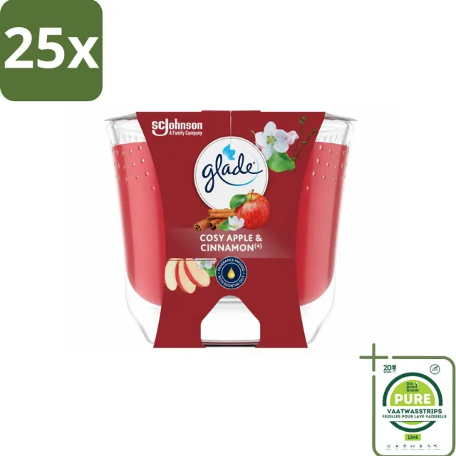 Glade 25 x Glade - Geurkaars Appel Kaneel - 100% Raapzaadwas - 204 g - Grootverpakking - Vaatwasstrips - Geurkaars - Warme Geur - Gezelligheid - Vegan - Natuurlijke Geur rood