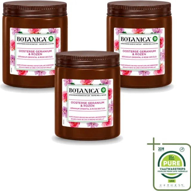 Air Wick 3 x Botanica by Air Wick - Geurkaars - Geranium & Rozen - 40 Uur Brandduur - Grootverpakking - Vaatwasstrips - Geurkaars - Geranium En Rozen - 40 Uur Branden - Natuurlijke Geur - Bloemige Geur Wit