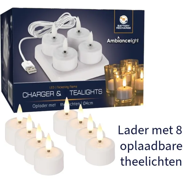 Ambiance light ambiancelight-8-oplaadbare-led-theelichtjes-met-lader Warm Wit