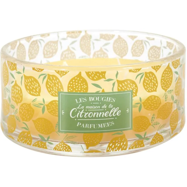 WDMT Citronella Geurkaars tegen Muggen – Ø 19 cm – Buitenkaars met Citroengeur – Glazen Pot met 3 Lonten – Anti-Mug Kaars voor Tuin & Terras – Gouden Citrusvonk Geel