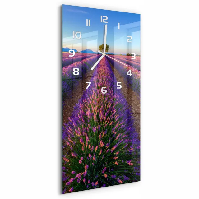 TULUP Wandklok - Lavendelveld Decoratieve Glazen Klok - 30x60 cm - Paars Glazen Wandklok Design - Witte handen - Rechthoekige Klok - Glazen Klok Met Print - Wandklok Glas Met Motief