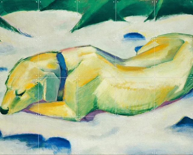 IXXI Dog lying in the Snow 1911, Franz Marc & Bridgeman Images - 100 x 80 cm - Grote wanddecoratie en posters - Kleurrijk, Abstract, Olieverf Geel