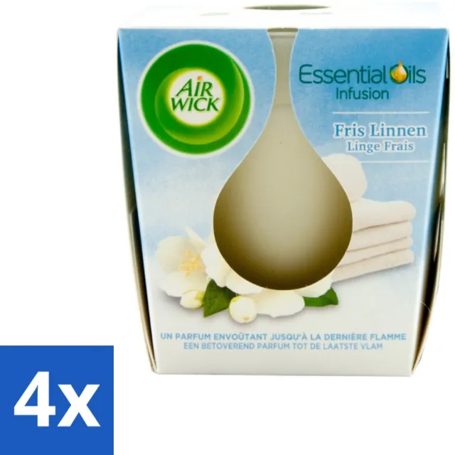 Air Wick 4 x Air Wick – Geurkaars – Fris Linnen met Essentiële Oliën – 105 g - Geurkaars - Fris Linnen - Essentiële Oliën - Sfeer In Huis - Warme Sfeer Wit