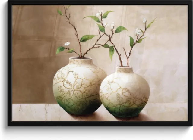 FrameYourWall Poster in lijst - Fotolijst 90x60 cm - Posters - Bloemen - Vaas - Wit - Botanisch - Beige - Posterlijst zwart - Wanddecoratie badkamer - Muurdecoratie WC - Decoratieve accessoires - Toilet muur decoratie Beige - Vazen