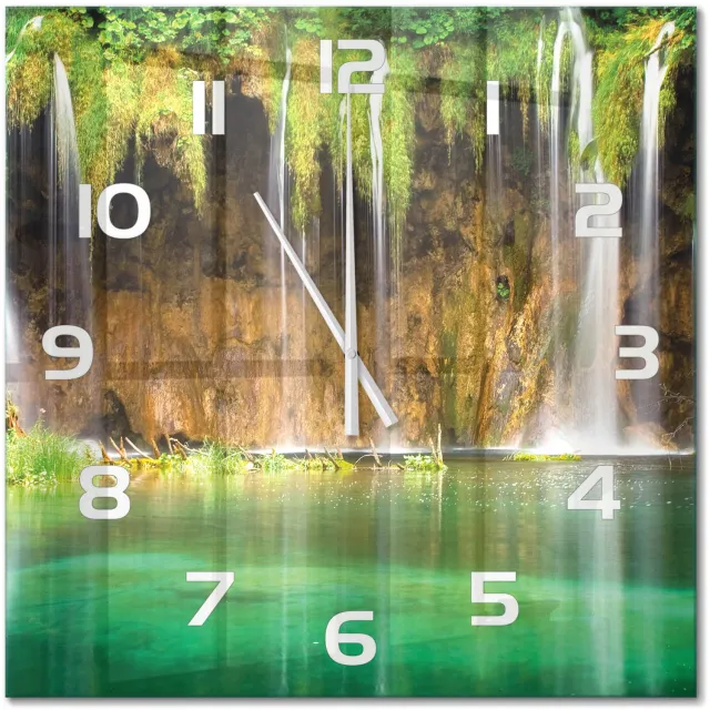 TULUP Wandklok - Plitvice-meren Moderne Wandklok Glas - 60x60 cm - Groente Wandklok Glas Decoratie - Witte handen - Vierkante Klok - Glazen Wandklok Design - Klok Glas Met Opdruk