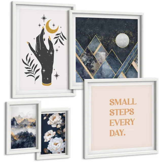 Coloray 5-Delige Schilderij Set - Boho-Stijl Geïnspireerd Door De Natuur En Positieve Boodschappen - 50 x 50 cm, 20 x 30 cm En 40 x 60 cm - Decoratieve Muurdecoratie - Slaapkamer - Interieur Decoratie Witte lijst