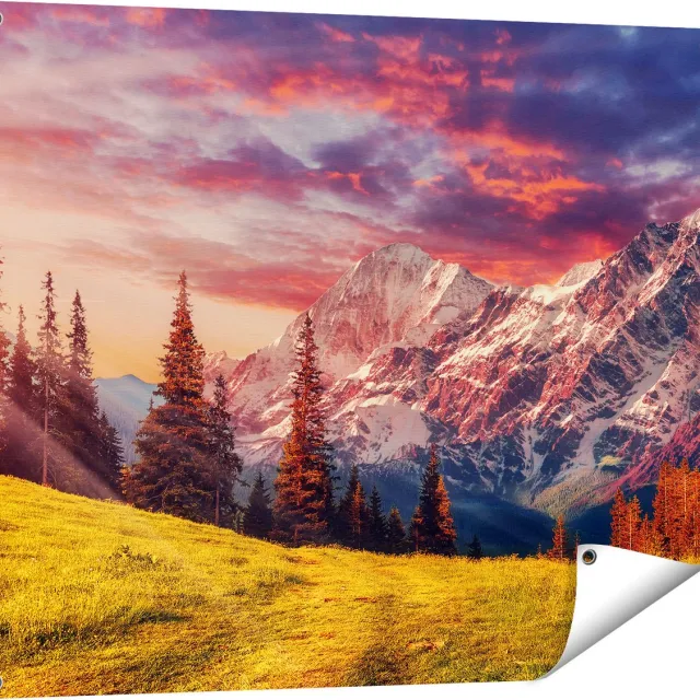 Gards Tuinposter Alpen Landschap met een Kleurrijke Hemel - 100x80 cm - Tuindoek - Tuindecoratie - Wanddecoratie buiten - Tuinschilderij Multikleur