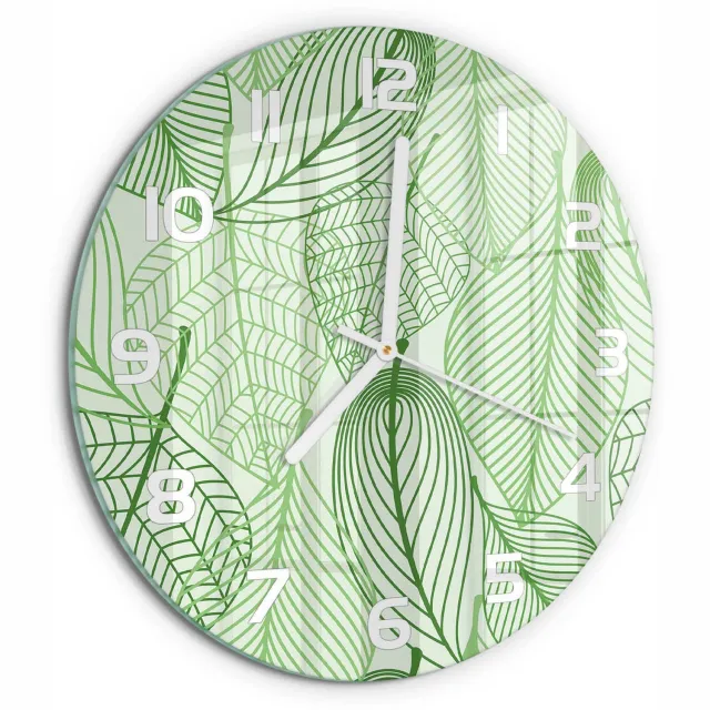 TULUP Wandklok - Bladpatroon Wandklok Glas Met Motief - fi30 cm - Groente Decoratieve Glazen Klok - Witte handen - Ronde Klok - Gekleurde Glazen Klok - Glazen Klok Met Print