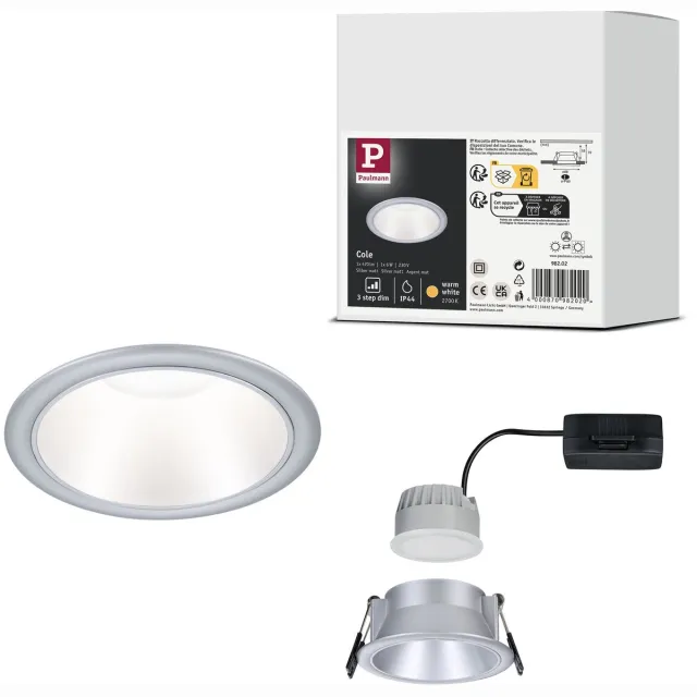 Paulmann LED-inbouwlamp 3-Step-Dim Cole Coin Set van 1 IP44 rond 88 mm Coin 6W 470lm 230V dimbaar 2700K Zilver mat