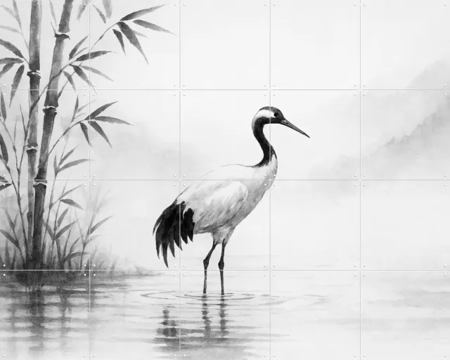 IXXI Kraanvogel in de Ochtendmist, Natalie Bruns - 100 x 80 cm - Grote wanddecoratie en posters - Tekeningen, Minimalisme, Slaapkamer, Studeerkamer Monochroom / Zwart en wit
