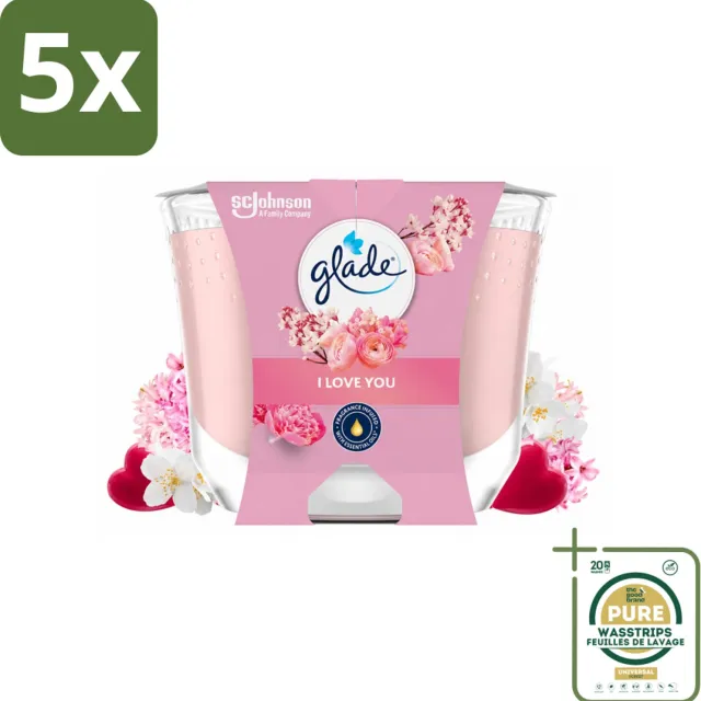 Glade 5 x Glade - Geurkaars I Love You - 100% Raapzaadwas - 204 g - Wasstrips - Geurkaars I Love You - Geurkaars - Geur - Bloemige Geur - Liefde roze
