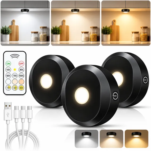 Sounix Kastverlichting Draadloos - Draadloze Spotjes Met afstandsbediening - USB Oplaadbare - Dimbaar - 3 stuks - Zwart