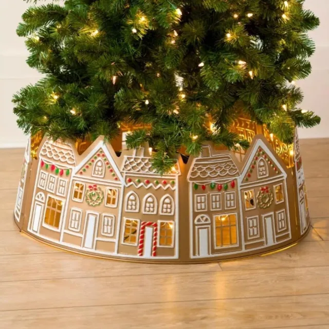 Flintry Kerstboomkraag met peperkoekhuis-design - LED-verlichting - 26 inch (ca. 66 cm) - Verlichte kerstboomrok - Afdekking voor kerstboomvoet - Decoratie voor smalle kerstboom - LED-bodemafdekking voor kerstboom
