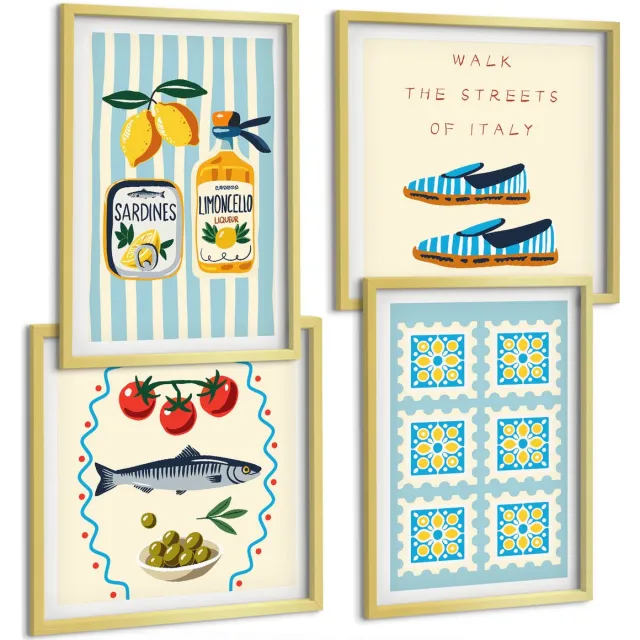 TULUP 4-Delige Schilderij Set - Fruitpatronen en elementen van de Italiaanse cultuur - 40 x 40 cm en 40 x 60 cm - Moderne Wanddecoratie - Woonkamer - Interieur Decoratie Gouden lijst