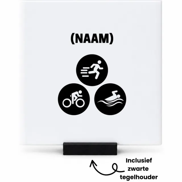 Hacebo Triathlon met eigen naam tegeltje met tegelhouder - Sport - Sporter - tegeltjes met tekst - Thriathlon - spreuktegels - 10.8x10.8 CM Wit