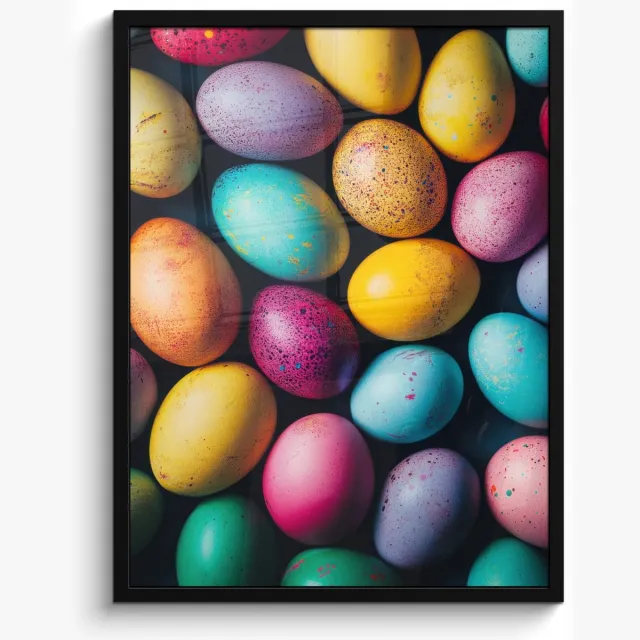 FrameYourWall Poster in lijst - Fotolijst 50x70 cm - Posters - Kleurrijk - Paaseitjes - Spetters - Posterlijst zwart - Decoratie - Wanddecoratie woonkamer - Muurdecoratie slaapkamer Paaseieren