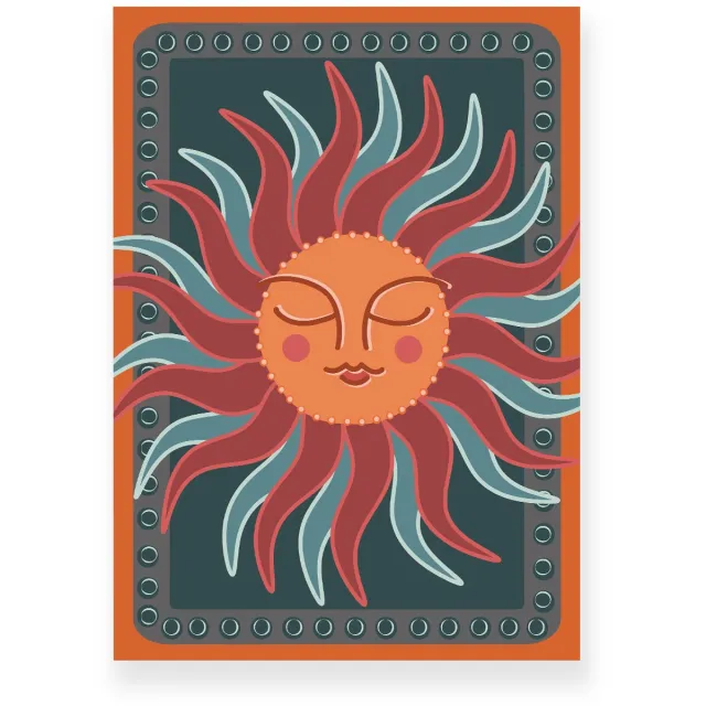 Yisual Poster 50x70 cm - Zon met gezicht - Oranje - Blauw - Boho - Spiritueel - Muurdecoratie - Wanddecoratie