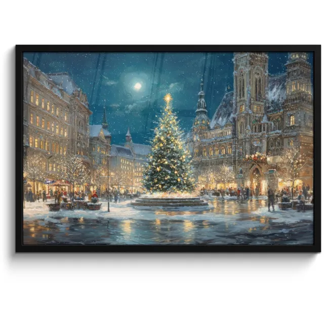 FrameYourWall Poster in lijst - Fotolijst 90x60 cm - Posters - Kerstnacht - Stadsplein - Meerkleurig - Posterlijst zwart - Decoratie - Wanddecoratie woonkamer - Muurdecoratie slaapkamer - Kerstversiering - Kerstdecoratie voor binnen - Kerstmis