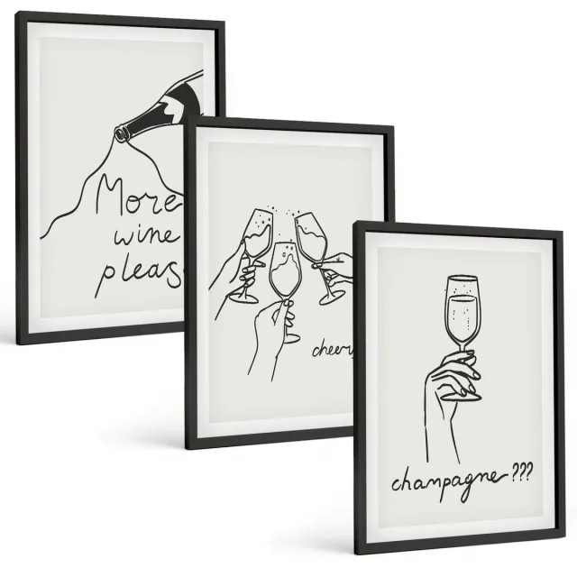 TULUP 4-Delige Schilderij Set - Vrolijke momenten met wijn en champagne - Lijntekening - 40 x 60 cm - Decoratieve Muurdecoratie - Slaapkamer - Stijlvolle Muurdecoratie Zwarte lijst