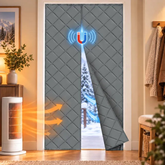 LAPAMAX Magnetisch Thermisch gordijen kant en klaar- 3-Laags Isolerend Dikke gordijnen - Zelfsluitend, Winddicht, Geluidsdempend - Zonder Boren - Scheidingsgordijn voor voor Keukendeur, Garage en Werkruimte - Grijs - 100 x 210 cm (B x H) - 2 Stuks Grijs-2 stuks