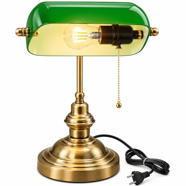 Veya Bureaulamp - Bankierslamp - Tafellamp - Bureaulamp led - Groen glazen kap - Vintage - Trekkoord - Klassiek - 41 cm hoog