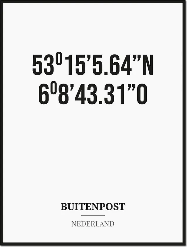 Studio216 Poster/kaart BUITENPOST met coördinaten zwart, wit