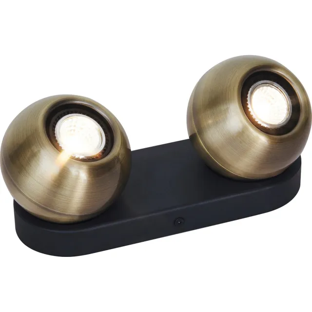 Fantasia Triton richtbare plafondspot, zwart aluminium met 2 gouden bollen, voor 2 GU10-lampen (excl.), IP20 zwart / brons
