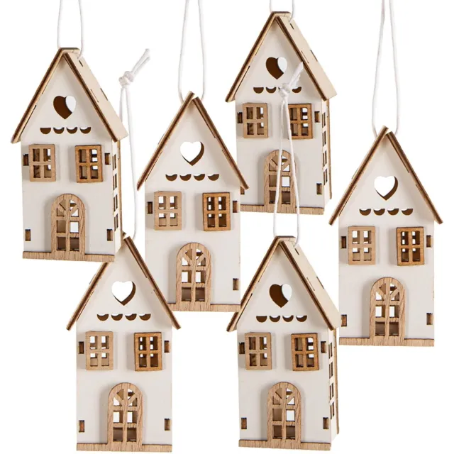 Famanu Kersthangers houten huizen decoratief set van 6 wit en natuurkleuren