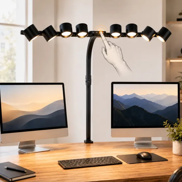 LAPAMAX Bureaulamp LED met 8 Verstelbare Lampkoppen met Klem - Werklamp Dimbaar met 330° Draaibaar & 320° Kantelbaar - monitor lamp met Bedieningspaneel en Afstandsbediening - Hobbylamp voor voor Architectentafel, Tekenen, Nagelstylist, en Studio Zwart