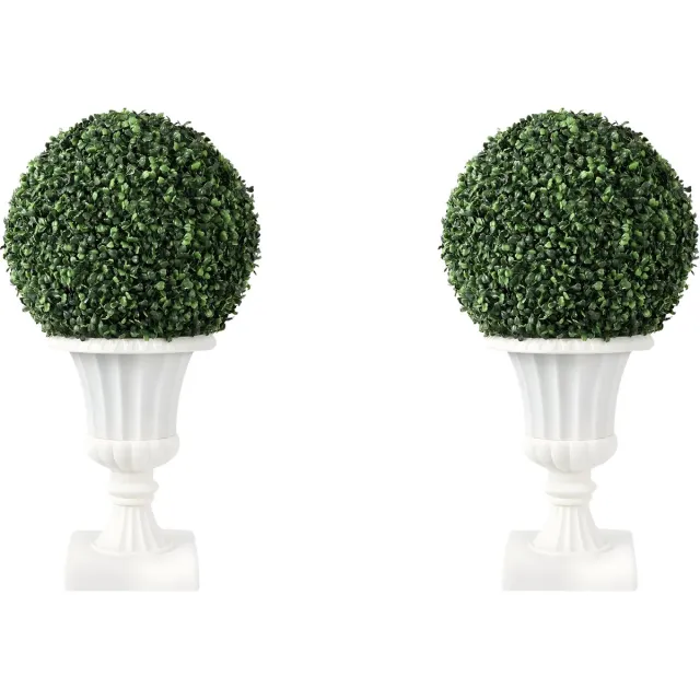 Happiq Kunstmatige buxusballen (2 stuks, 16 inch) - Voor indoor & outdoor gebruik (veranda, tuin) - Pre-lit topiary decoratie - Groen kunstblad met stevige potbasis - Wit