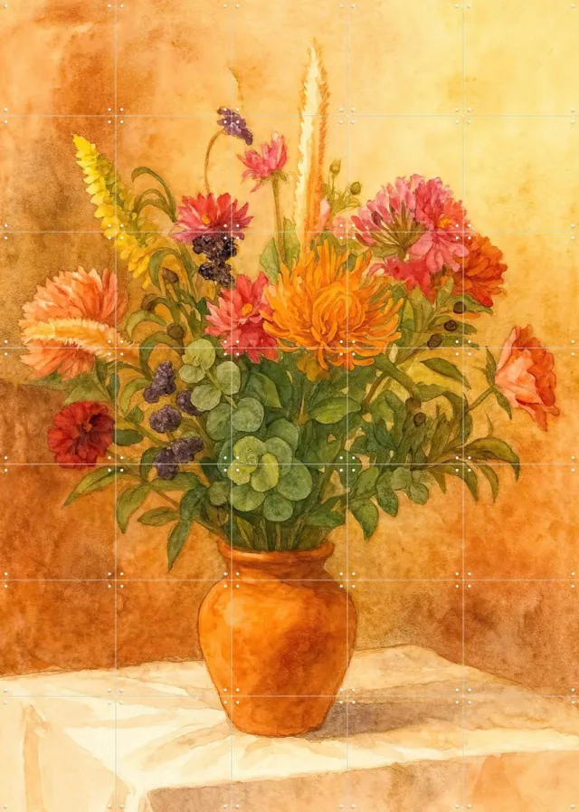 IXXI Bos Bloemen in Terracotta Vaas, Natalie Bruns - 100 x 140 cm - Grote wanddecoratie en posters - Vintage, Aquarel, Slaapkamer, Woonkamer, Gang Oranje