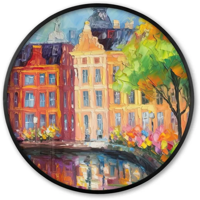 FrameYourWall Poster in lijst Rond - Fotolijst 80x80 cm - Posters - Olieverf - Amsterdam - Kunst - Kleurrijk - Ronde posterlijst zwart - Decoratie - Wanddecoratie woonkamer - Muurdecoratie slaapkamer Schilderij - Amsterdam