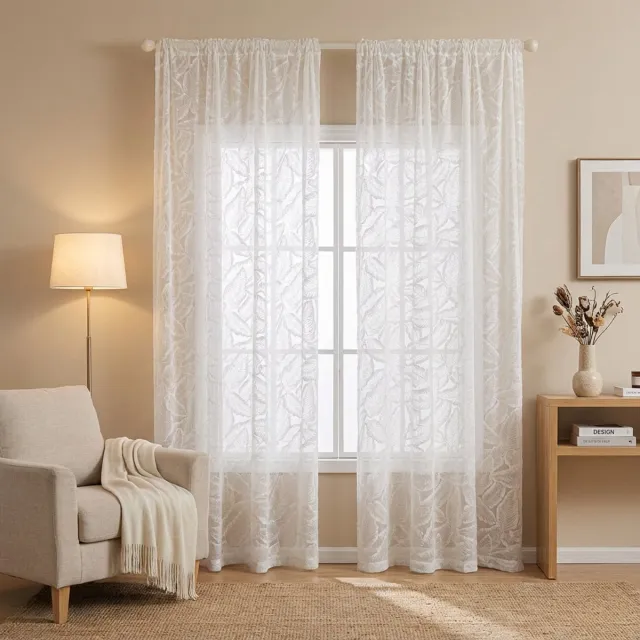 Qelus 2 Stuks Luxe Vitrage Gordijnen - 132x213 cm - Transparant Jacquard 3D Bladmotief - Kant en Klaar Inbetween Gordijn Wit - Met Multifunctionele Ophangmethode voor Woonkamer & Slaapkamer