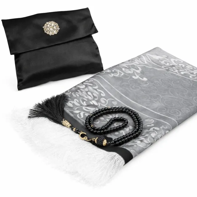 Baraka Treasures Luxe Cadeauset - Gebedskleed Set - Islamitische Giftset - Gebedskleed met Tasbih - Luxe Opbergtas - Eid Cadeau - 105cm x 70cm - Zwart