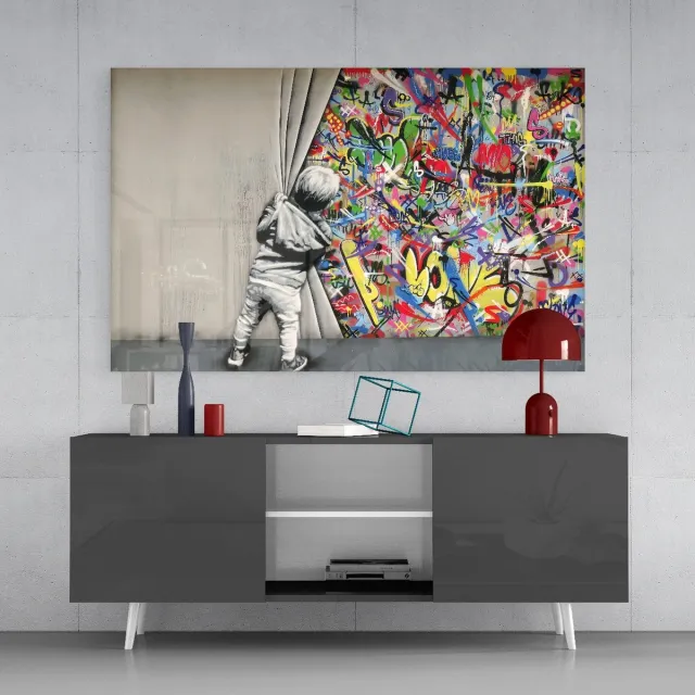 Insigne Glasschilderij - Achter het Gordijn - Graffiti - Wanddecoratie - 72x46 cm - 4 mm Kleurrijk