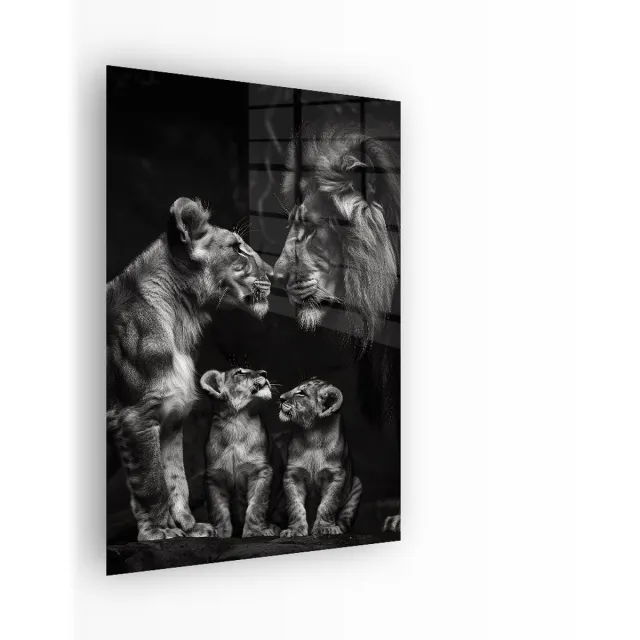 Indoorart Glasschilderij Leeuwen Band 80x120 CM - Afbeelding op plexiglas - Inclusief montagemateriaal zwart, wit