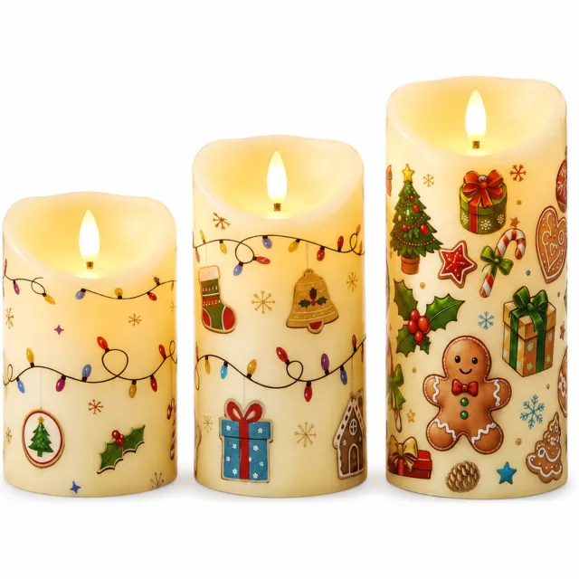 SWGOTA led kaarsen, set van 3 met bewegende vlam, schuine bovenrand en kerstmotieven, warm licht, op batterijen, batterijen niet inbegrepen Bruin