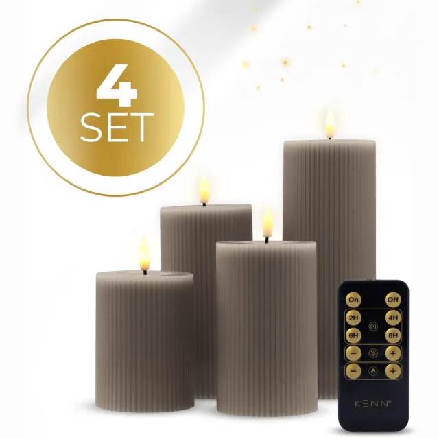 KENN Geribbelde LED Kaarsen - Taupe - Set van 4 - Met Afstandsbediening - LED Kaarsen op Batterijen (Ribbel) Taupe